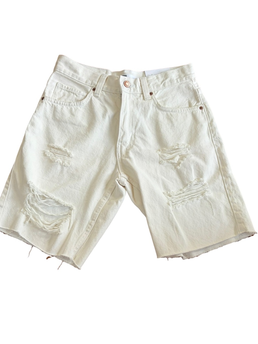 NWT Bershka Off White Distressed Denim Bermuda Shorts 28 Raw Hem 100% Cotton